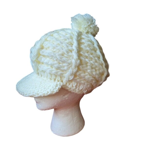 Scandi Girl Fiddler Newsboy Pageboy Knit Hat Cadet Brim Pom Pom Boho Vintage - Picture 2 of 8